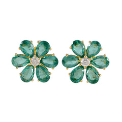 Araya Green Stud Earrings with Floral Design Emerald CZ Green Stud