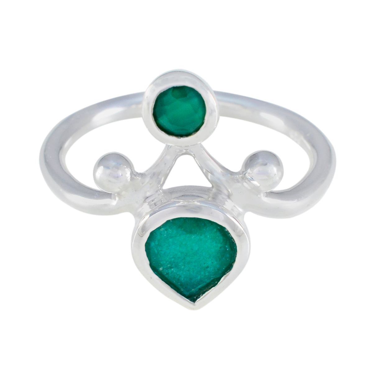 Nisa silver green toi et moi ring with round green stone and teardrop green stone accent