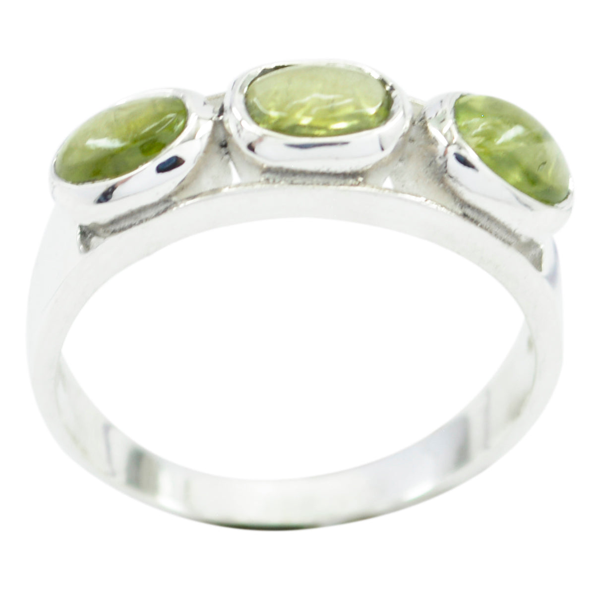 Ha-eun green trilogy gemstone ring with three oval green stones set in silver band