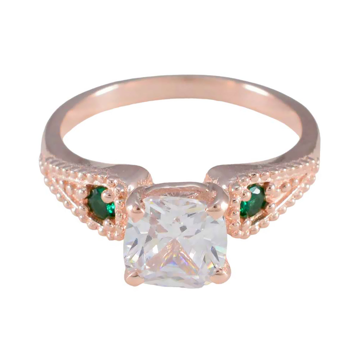 Jia green trilogy ring for women with rose gold band and central clear gemstone