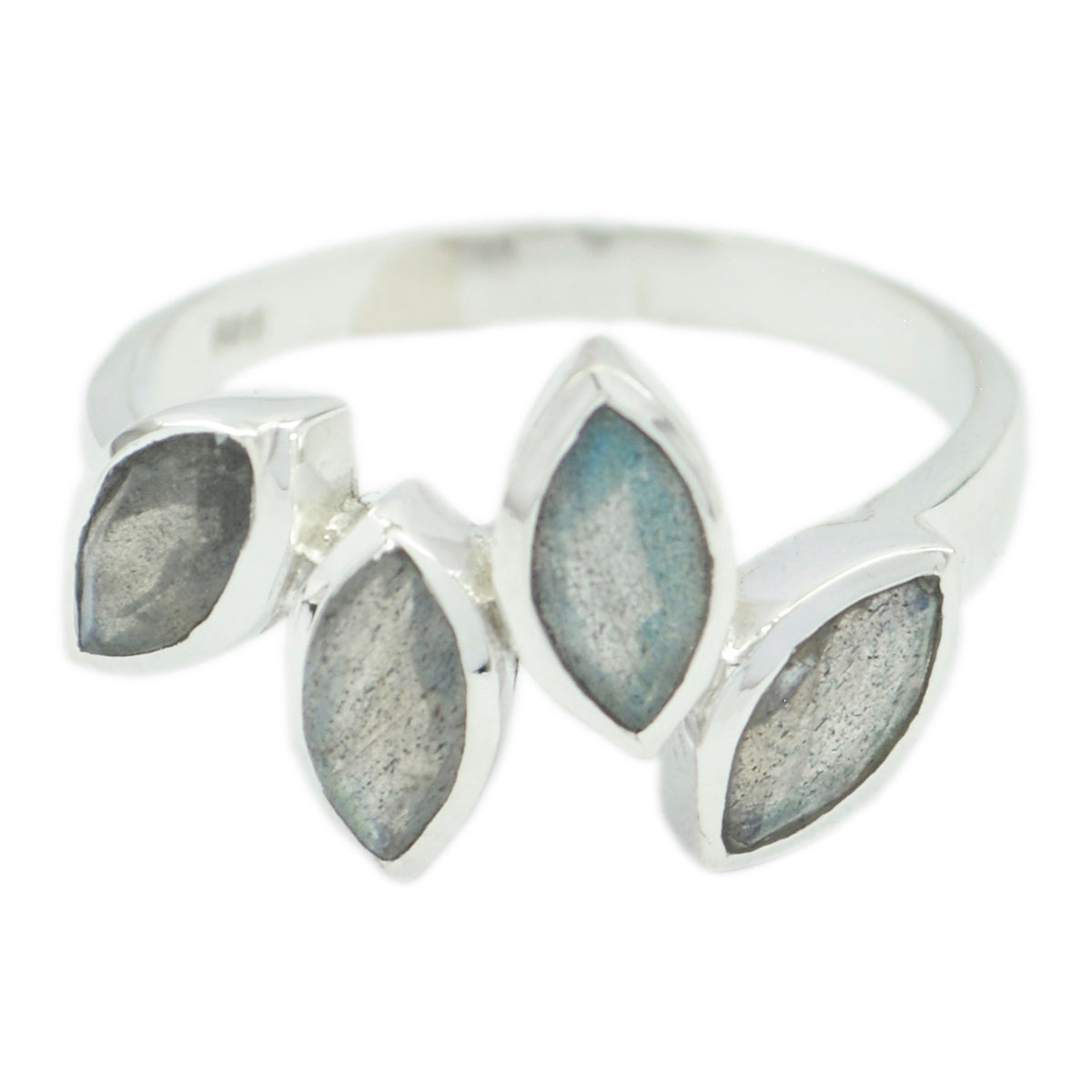 Noelia sterling silver ring with four marquise grey stones and subtle blue flash grey gemstone statement ring