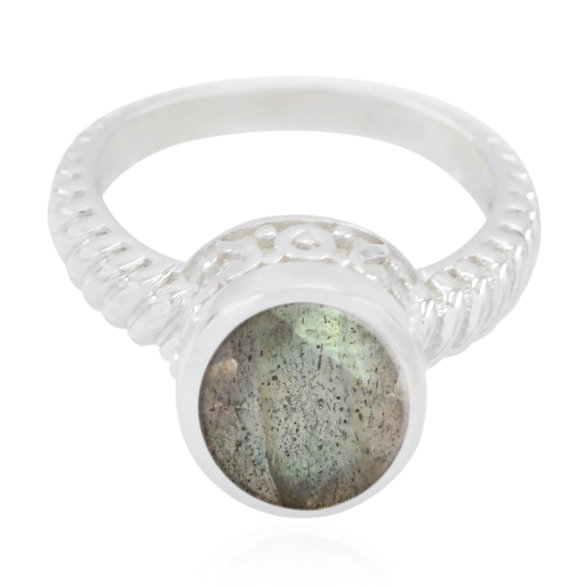 Aria Grey Solitaire Gemstone Ring with Textured Band Labradorite Gray