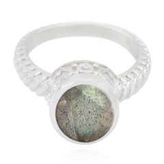Aria Grey Solitaire Gemstone Ring with Textured Band Labradorite Gray