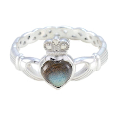 Agustina Grey Solitaire Gemstone Ring Silver Heart Design Labradorite Gray