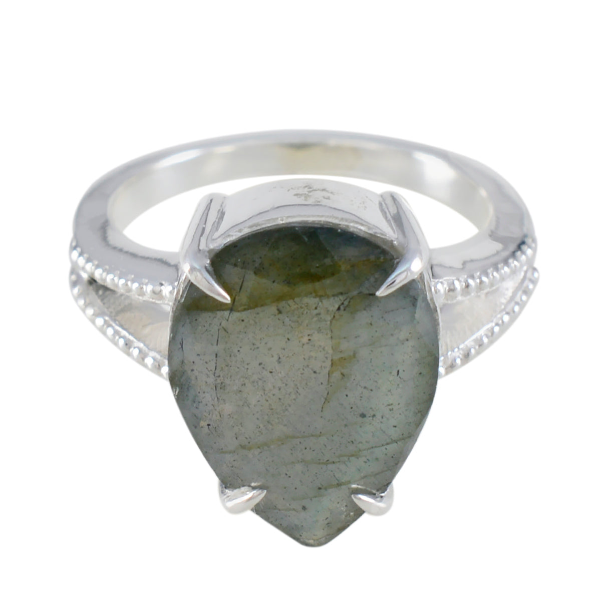Teresa Grey Solitaire Gemstone Ring with Silver Band Labradorite Gray
