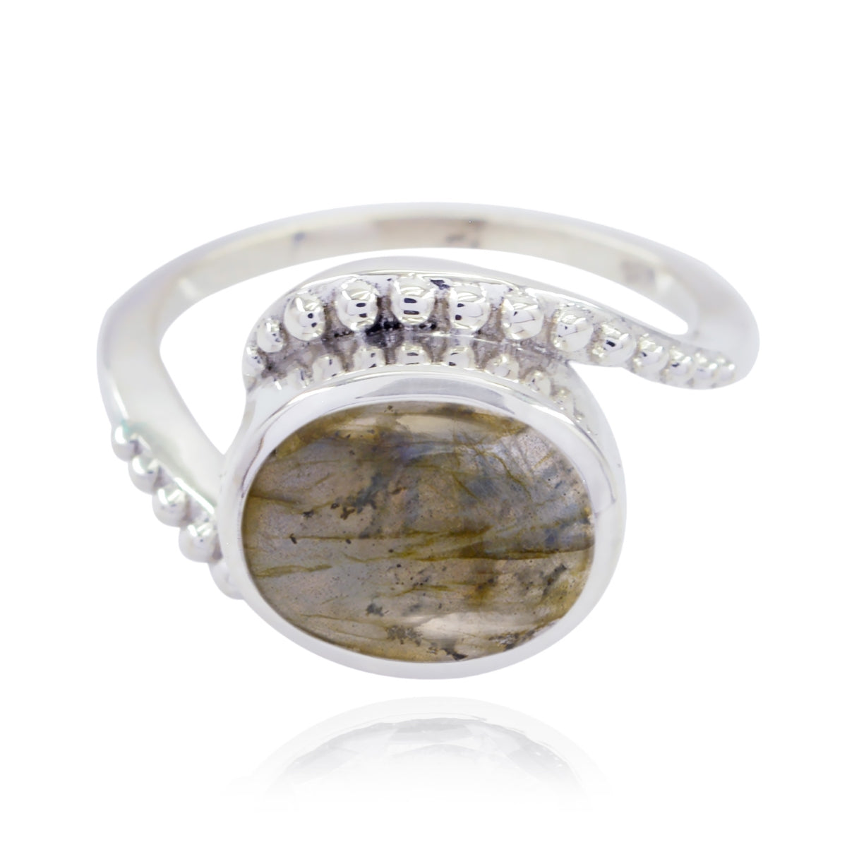 Bruna Grey Solitaire Ring with Unique Oval Gemstone Labradorite Gray
