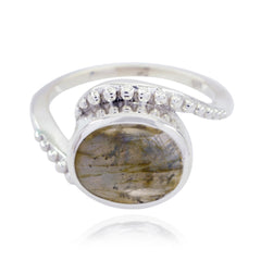 Bruna Grey Solitaire Ring with Unique Oval Gemstone Labradorite Gray