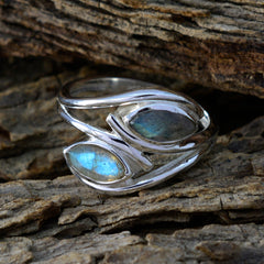 Isabel abstract grey toi et moi ring with marquise labradorite stones in sterling silver on wood
