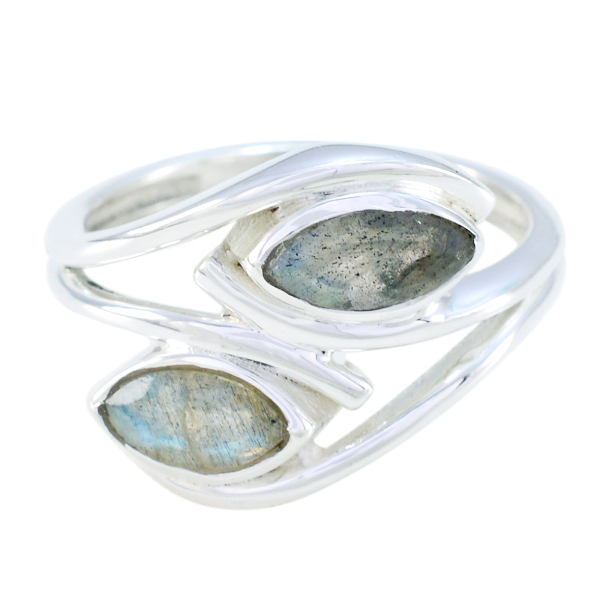 Isabel silver ring with two marquise grey labradorite stones abstract grey toi et moi ring design