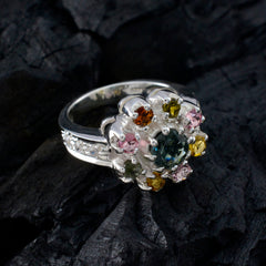 Teresa sterling silver abstract multicolor gemstone ring with teal center and multicolor floral cluster