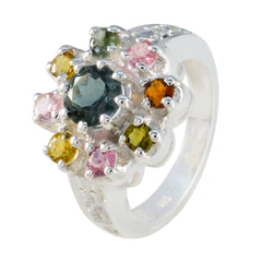 Teresa silver floral cluster abstract multicolor gemstone ring with central green stone and pink yellow accents