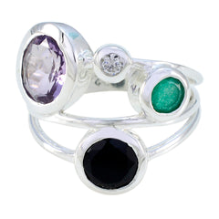 Katarina abstract multicolor gemstone ring in sterling silver with purple amethyst green and black stones