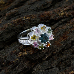 Teresa silver flower cluster abstract multicolor gemstone ring with teal center and pink yellow green accents