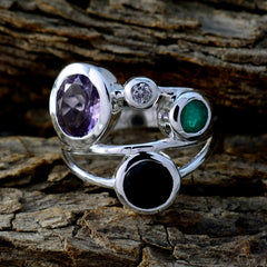 Katarina abstract multicolor gemstone ring in sterling silver with amethyst emerald onyx and diamond accent