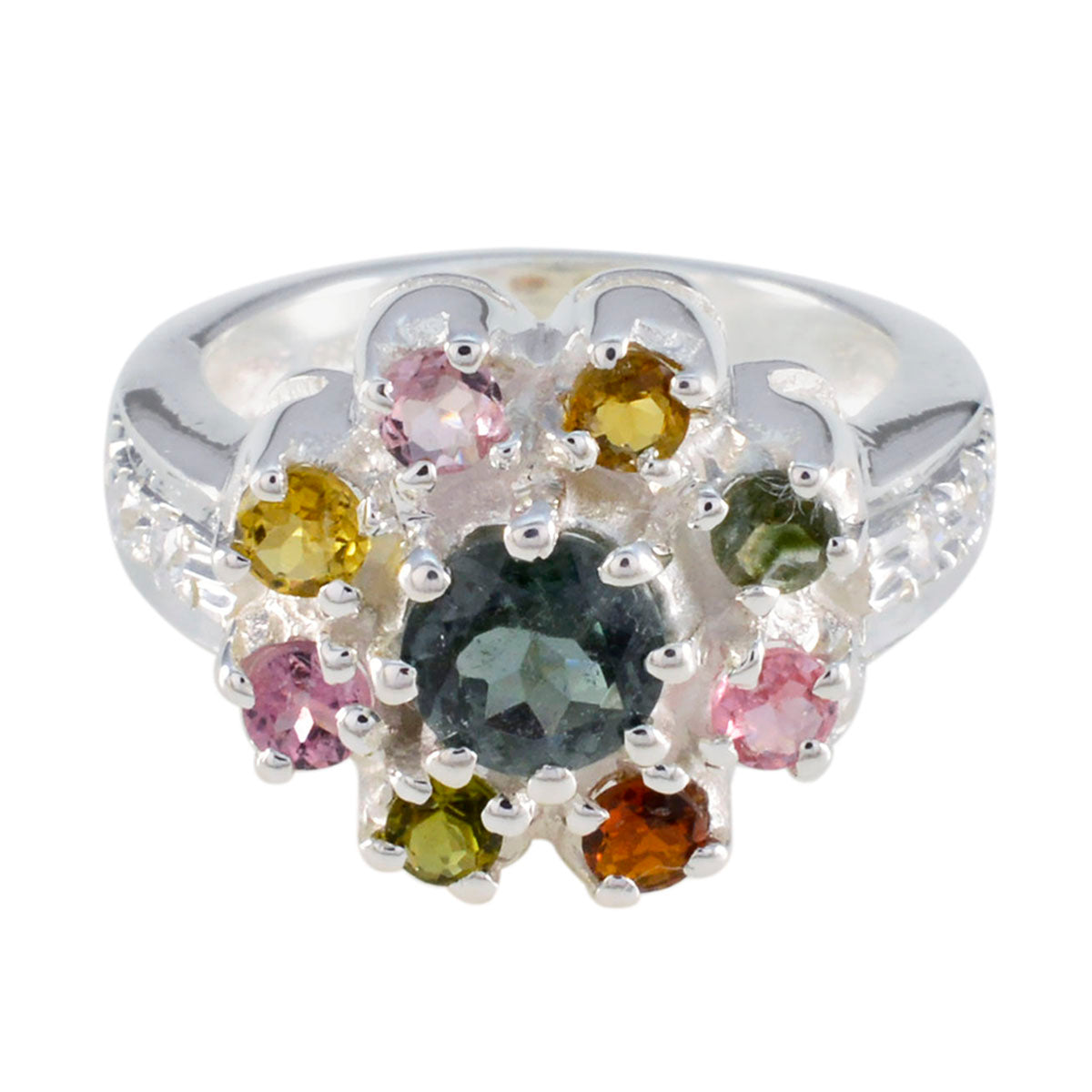 Teresa silver floral setting abstract multicolor gemstone ring with central dark green stone