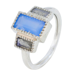 Nisa abstract multicolor trilogy ring featuring three rectangular stones with blue center and gray side accents in silver setting