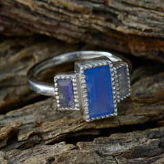 Nisa abstract multicolor trilogy ring with central blue rectangular stone and two smaller side stones on silver band