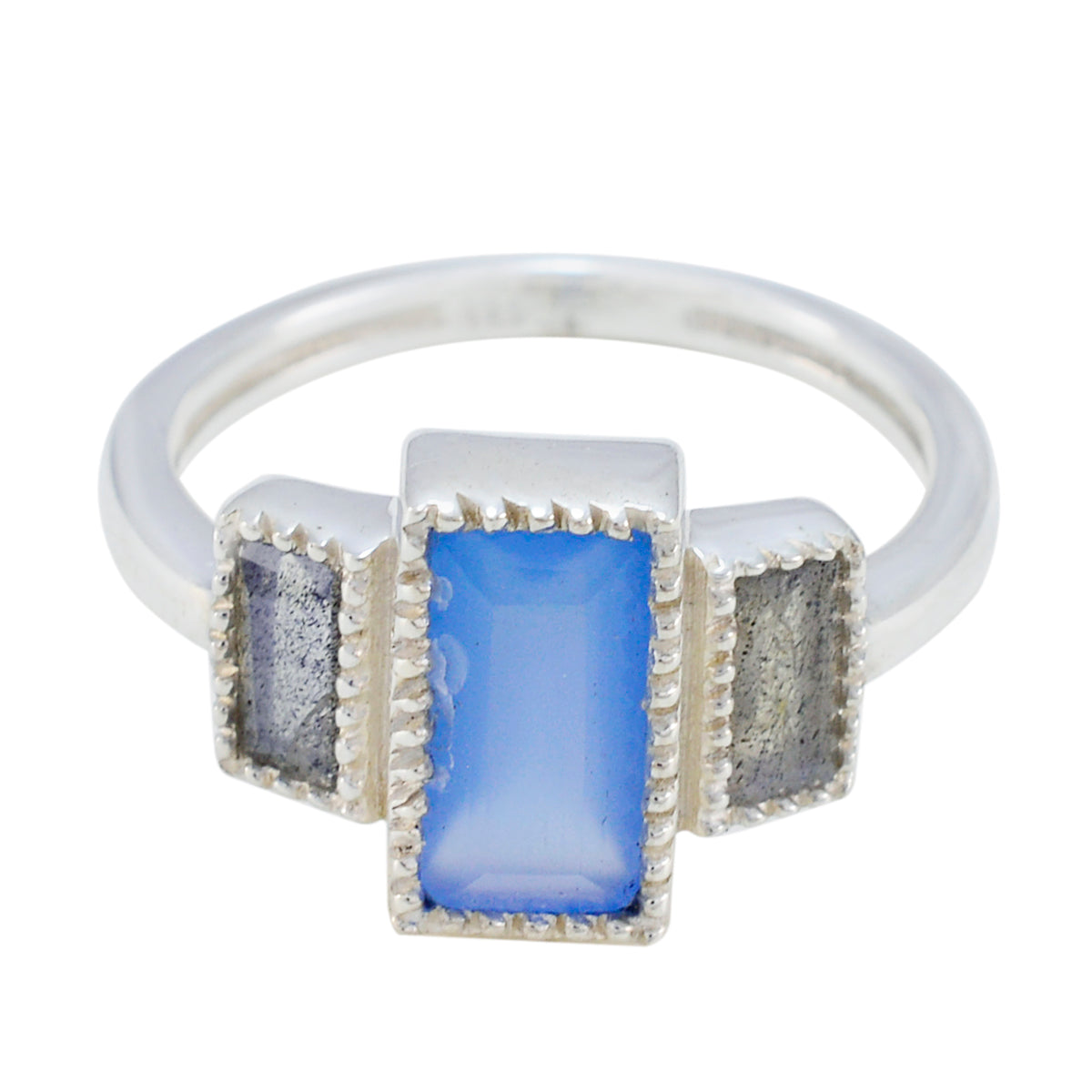 Nisa abstract multicolor trilogy ring with rectangular blue center stone and two gray side stones in silver