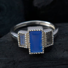 Nisa silver abstract multicolor trilogy ring with central blue rectangular stone and two iridescent side stones