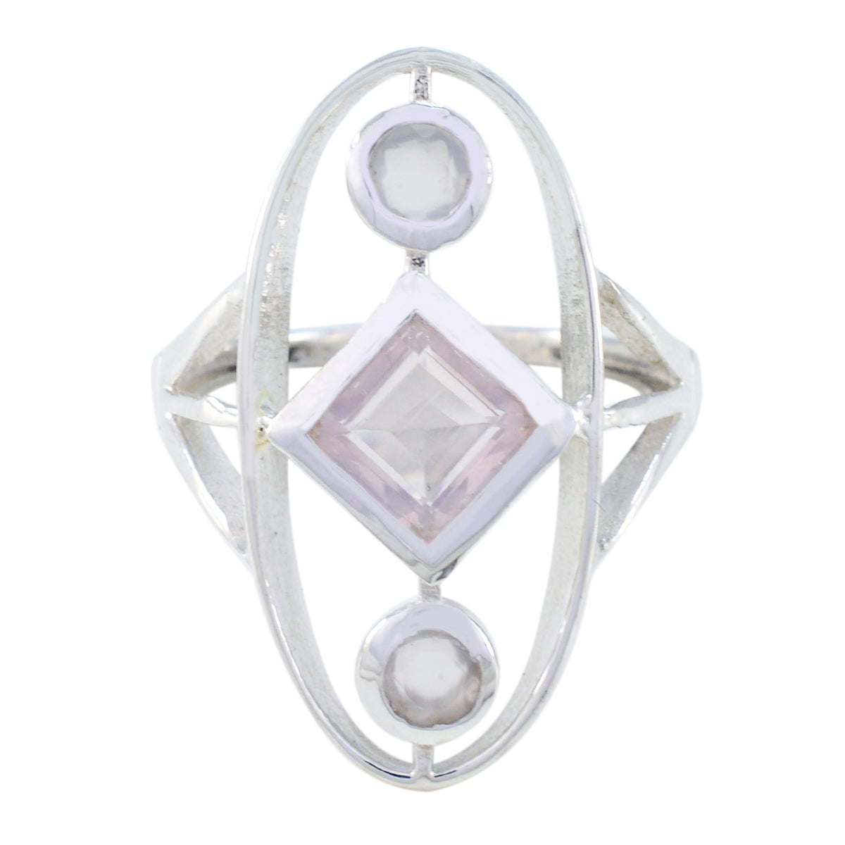 Lucia abstract pink gemstone ring with diamond and circular stones set in silver oval frame