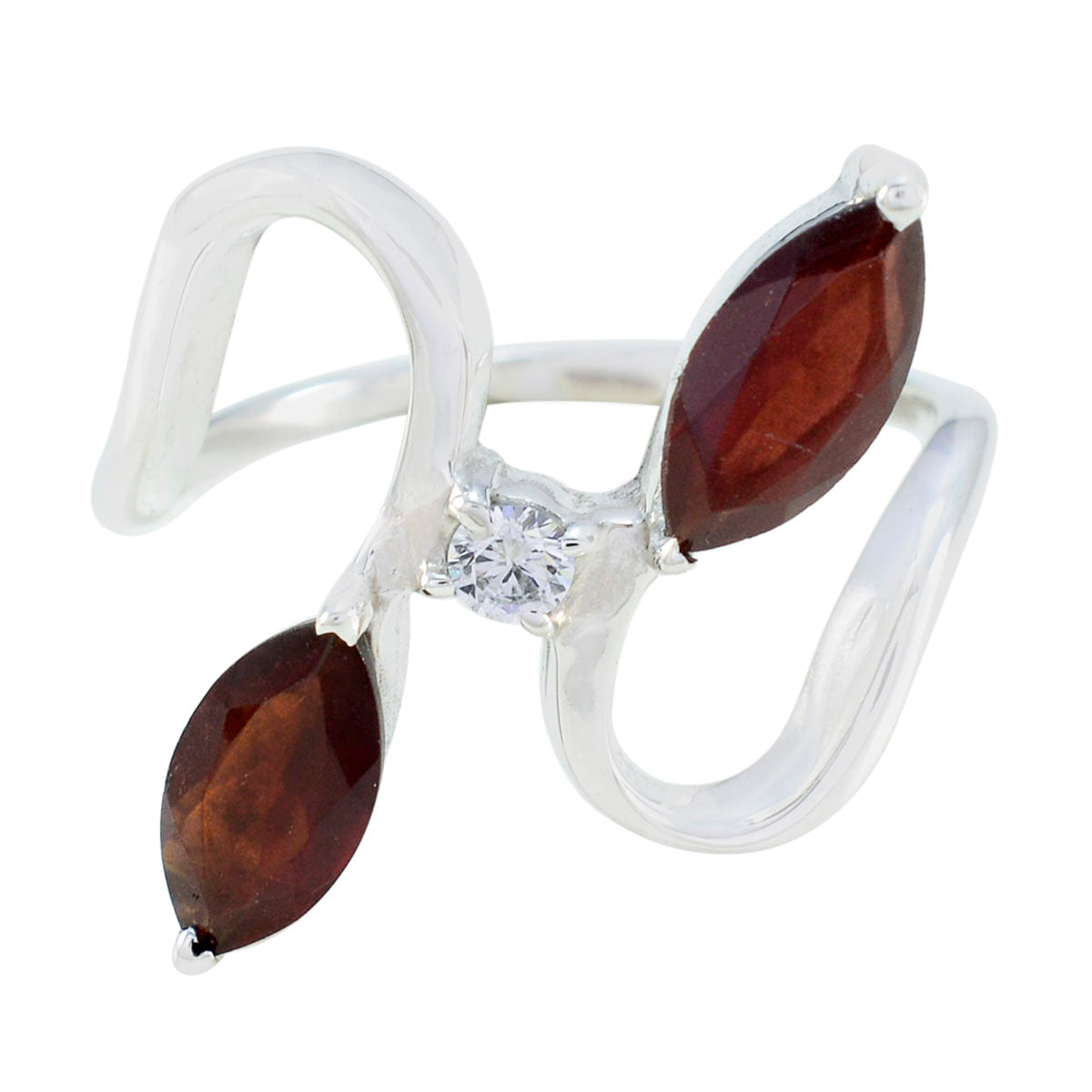 Lili silver abstract red gemstone ring with two marquise stones and a small clear accent stone