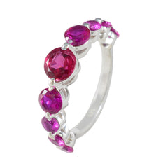 Hye jin abstract red navratna ring with graduated pink and red gemstones in silver band for stacking