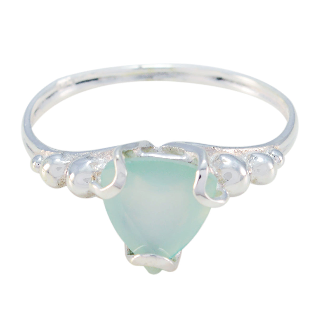 Eliza aqua solitaire gemstone ring with silver band and triangular aqua stone centerpiece