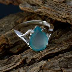 Teresa aqua solitaire ring for wedding with pear-shaped blue gemstone on silver band