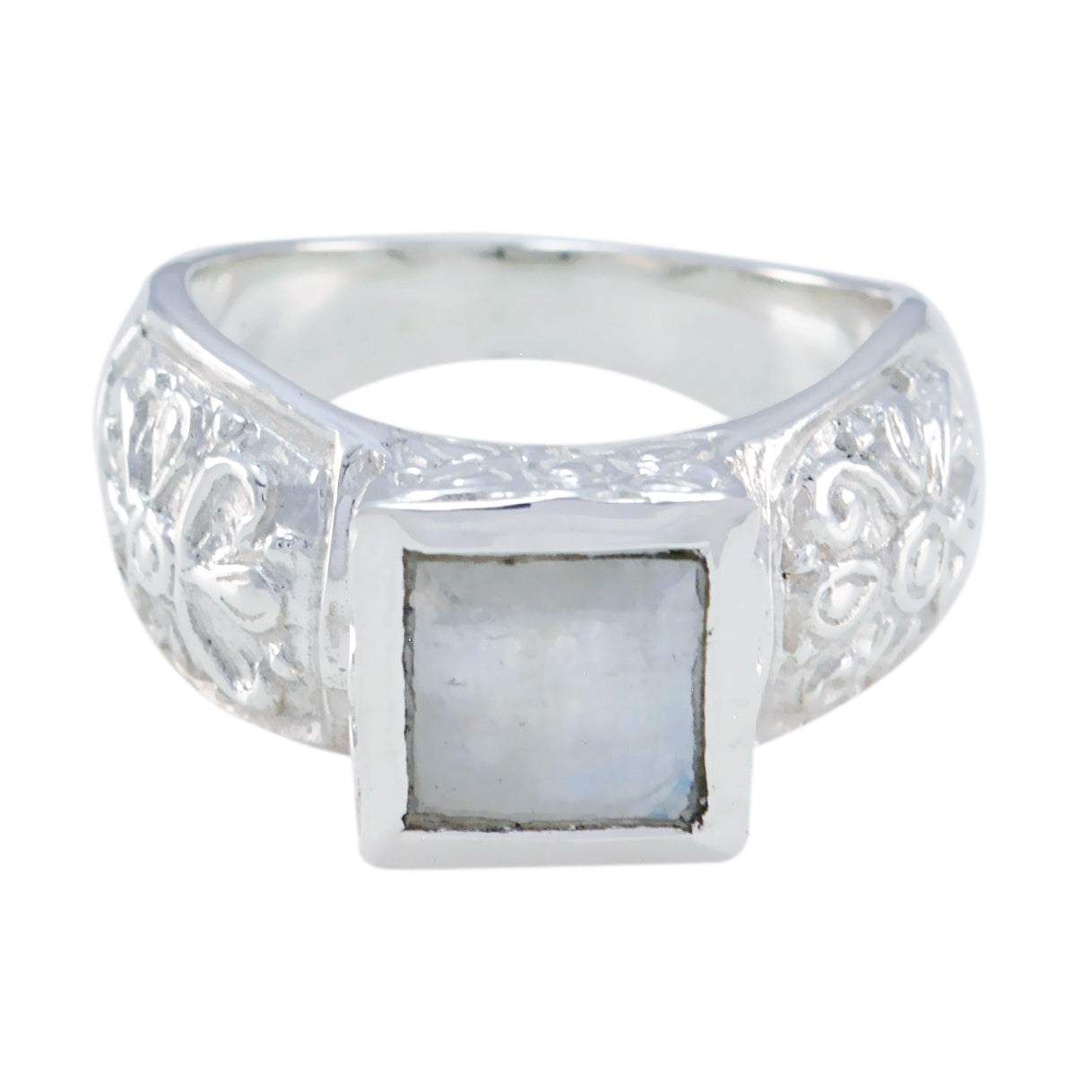 Savannah Art Deco White Solitaire Ring Rainbow Moonstone White