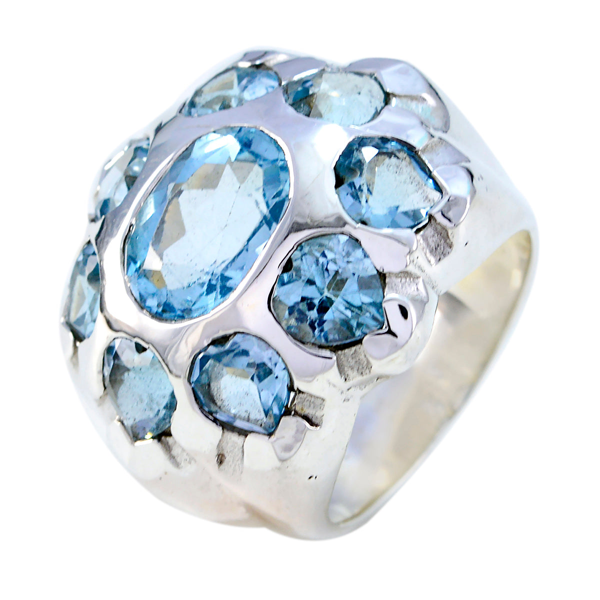 Maya artisan blue gemstone ring featuring multiple oval and round blue stones set in silver