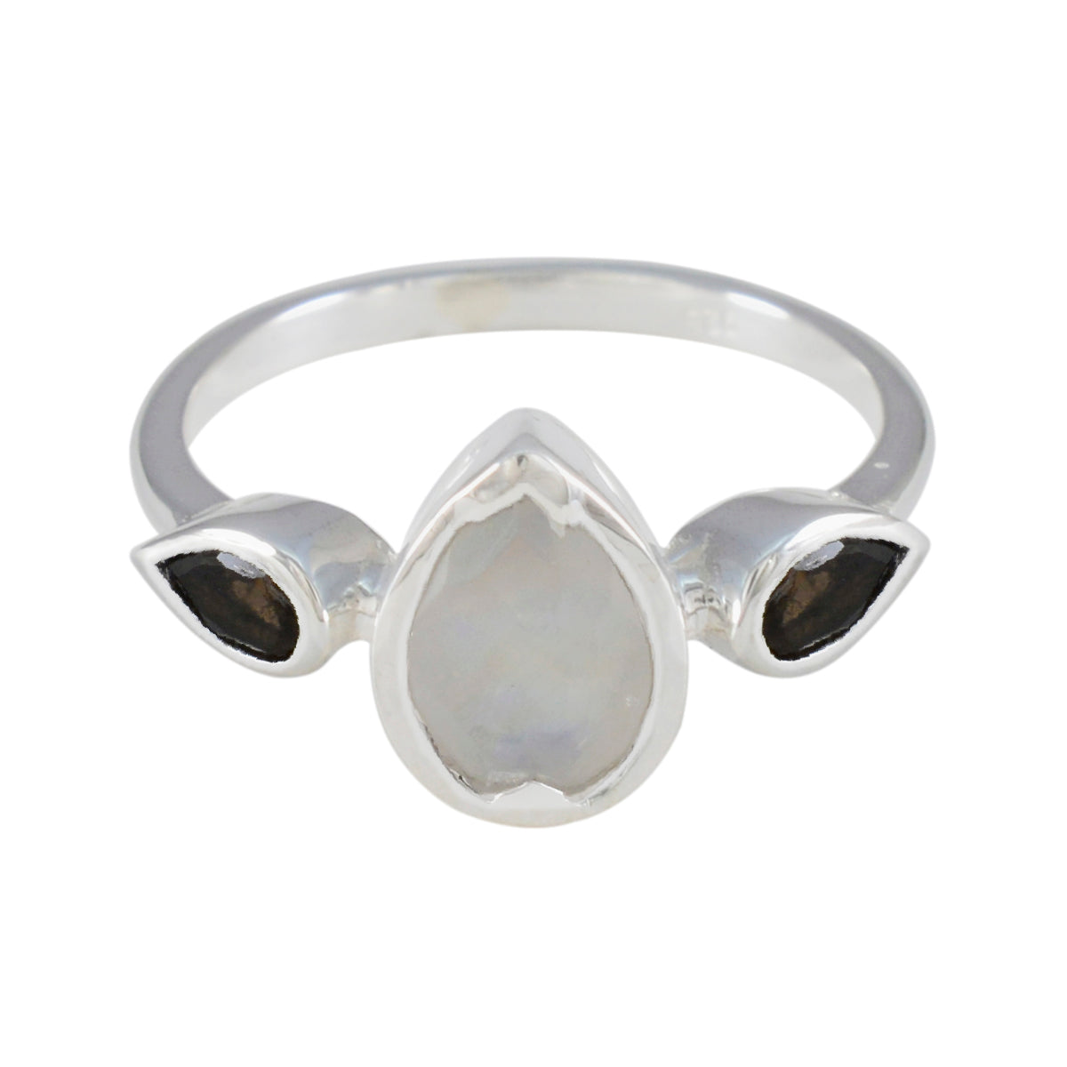 Kristine artisan trilogy ring silver band with pear moonstone center and two black teardrop side stones