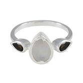 Kristine artisan trilogy ring silver band with pear moonstone center and two black teardrop side stones