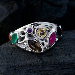 Audrey style colorful ring sterling silver multi gemstone statement ring with emerald ruby amethyst smoky quartz