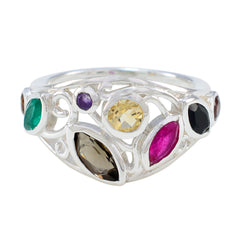 Audrey style colorful ring silver filigree band with marquise and round multicolor gemstones