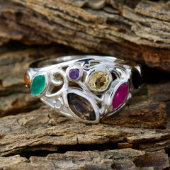 Silver filigree multigemstone ring with green, pink, yellow and purple stones Audrey style colorful ring