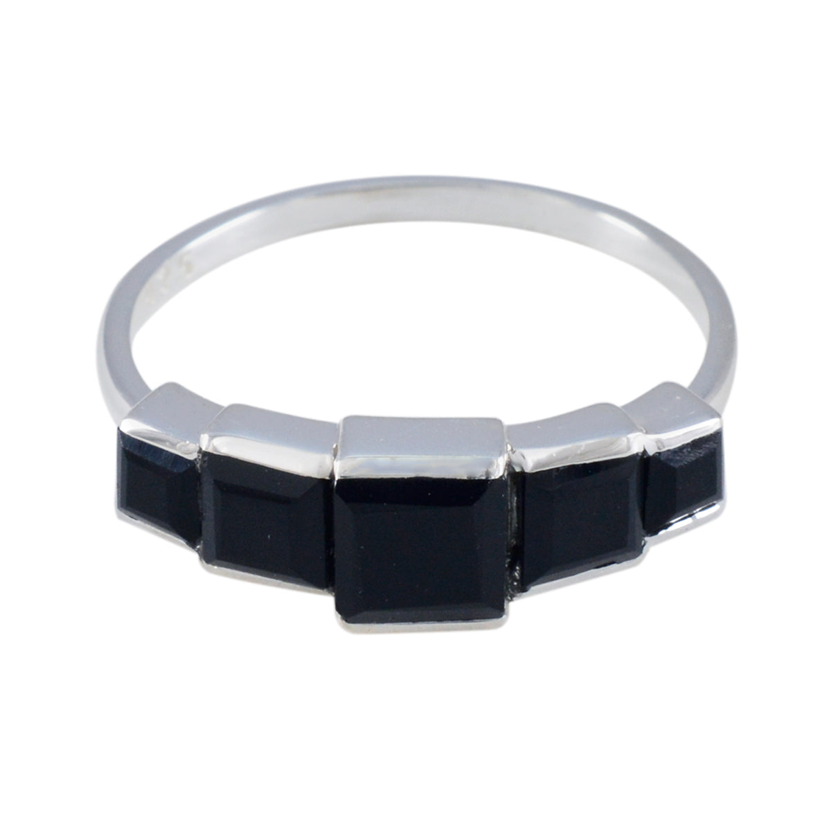 Audrey black gemstone statement ring with five square black stones set on a silver band