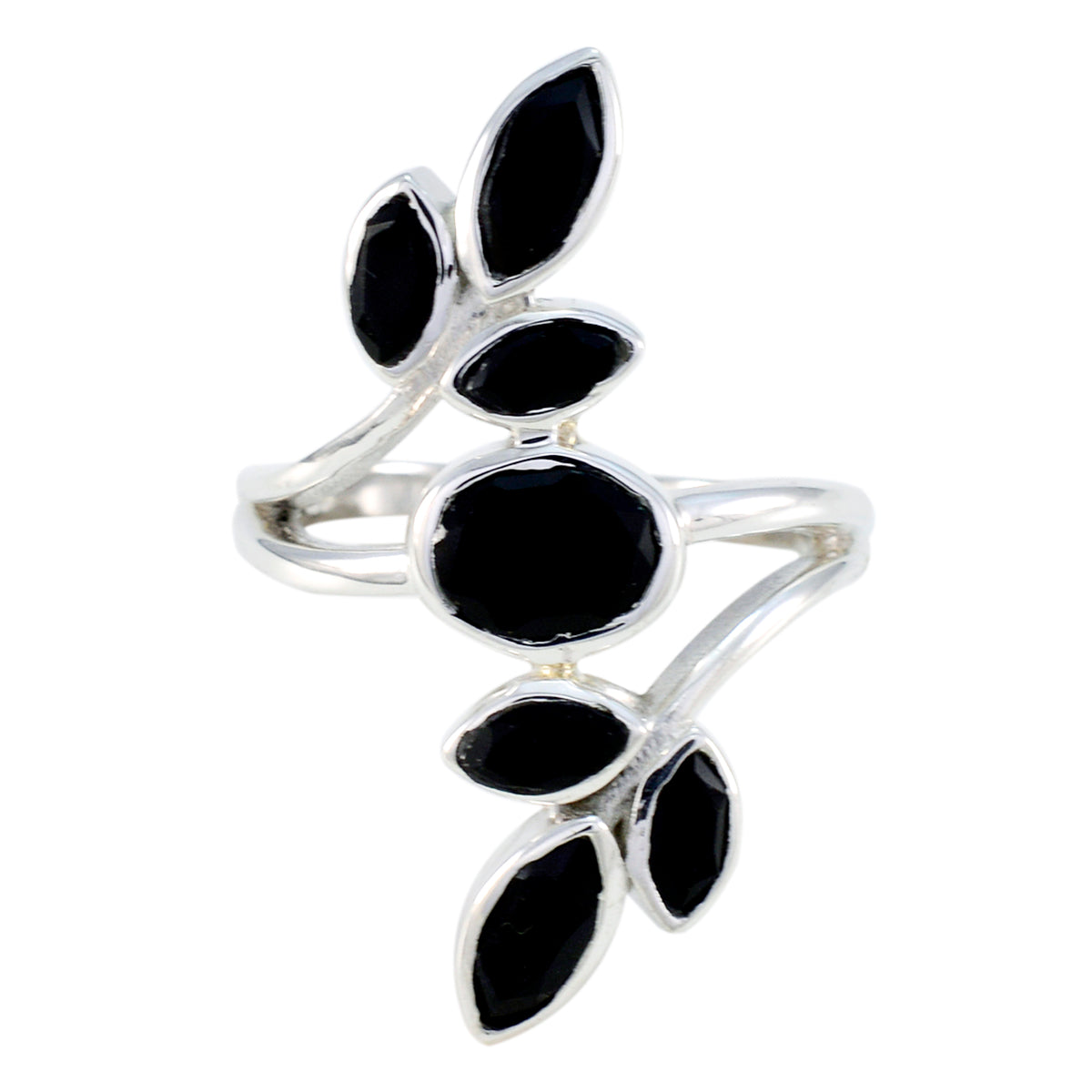 Lucy black leaf ring for women featuring silver band with black leaf-shaped stones