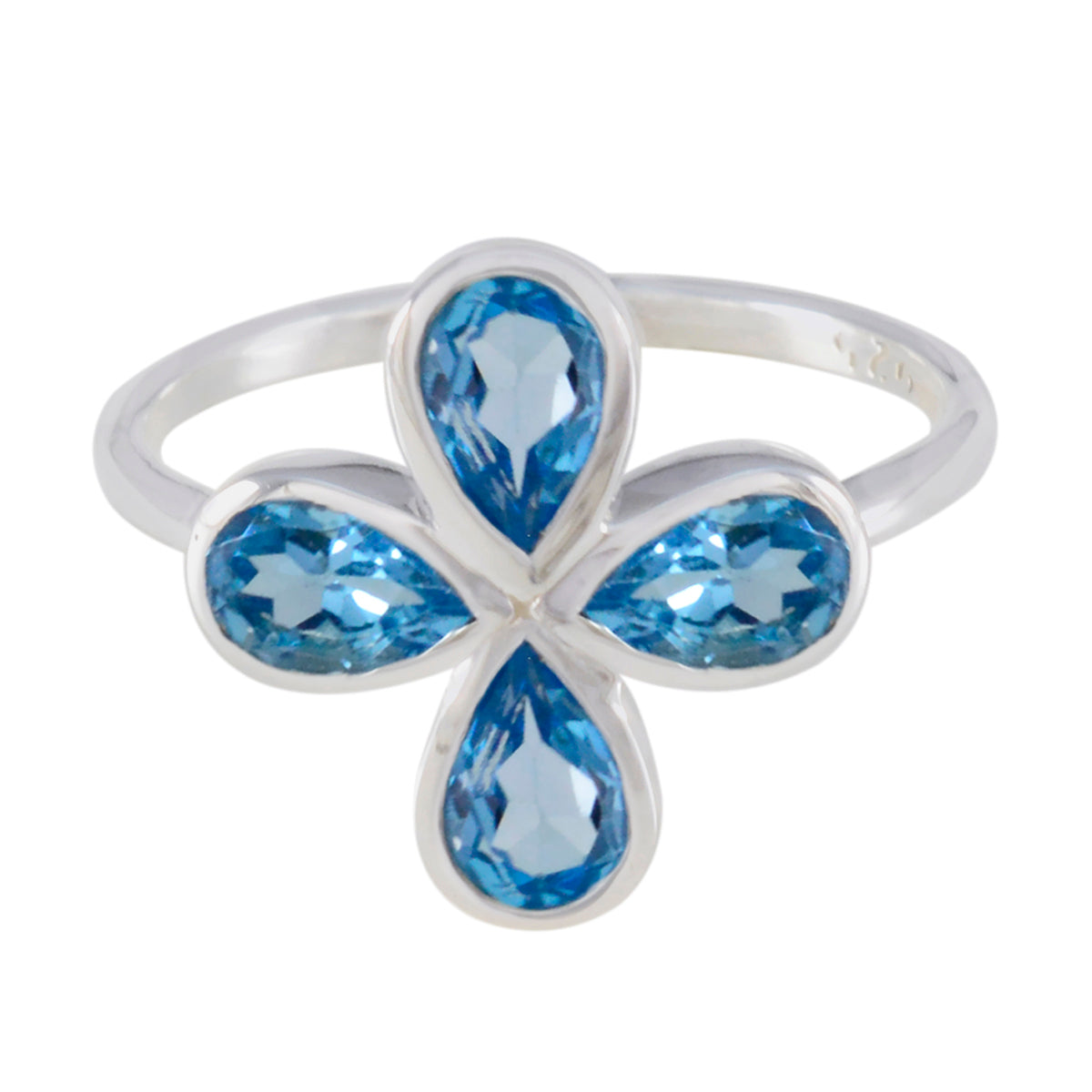 Yan blue floral gemstone ring featuring four pear shaped blue gemstones arranged as a flower on a sterling silver band