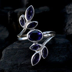 Marie blue gemstone leaf ring with silver band and deep blue marquise and oval stones