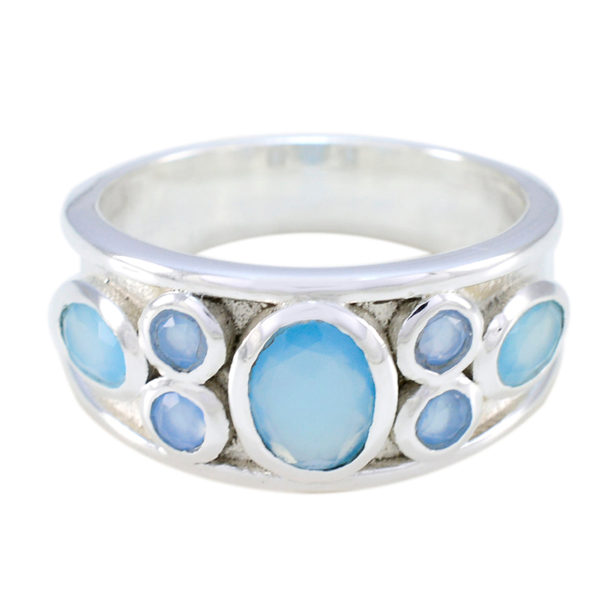Isabelle blue gemstone statement ring with multiple oval blue stones set in silver band