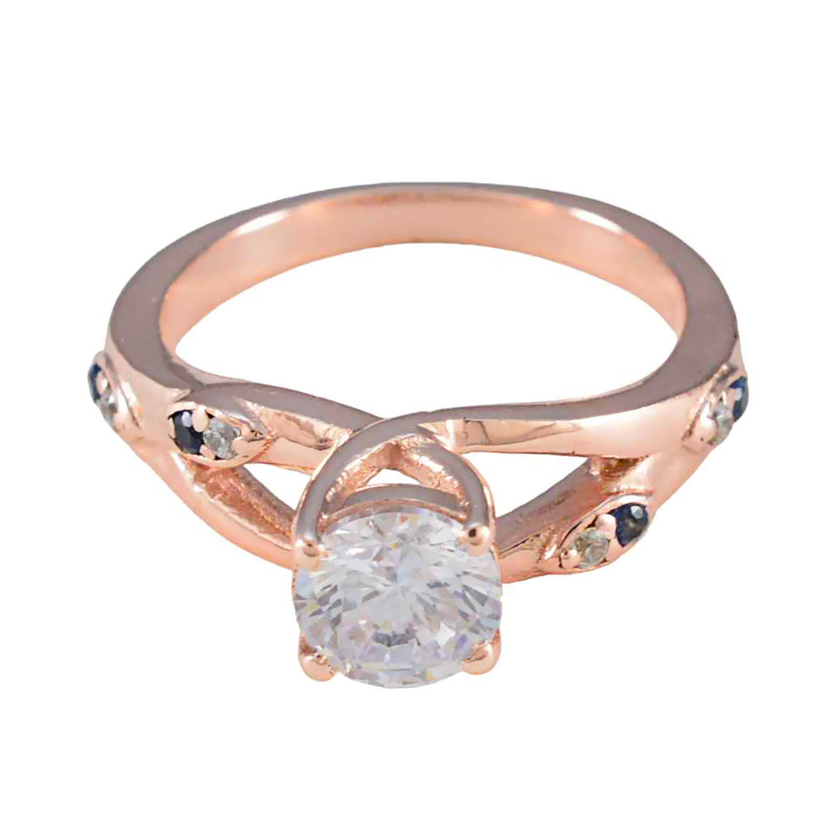 Isabel rose gold ring with blue gemstone statement ring design and clear central stone