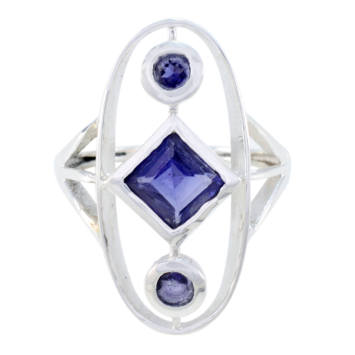 Siti blue gemstone trilogy ring with silver setting featuring three deep blue stones in unique design