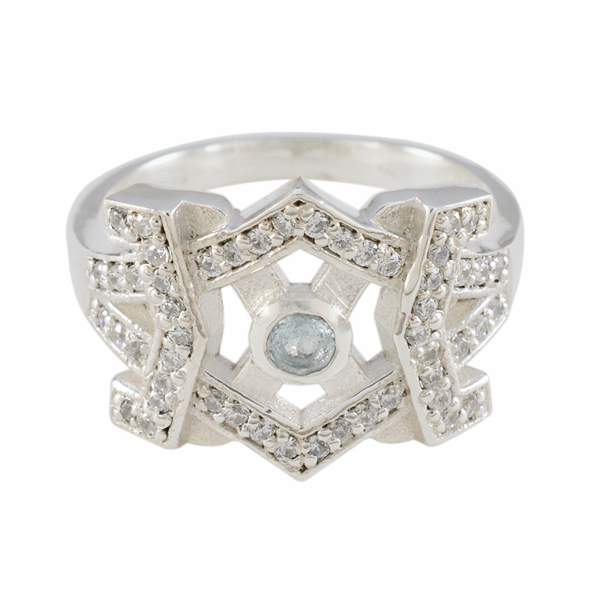 Maria blue halo ring for women with silver hexagon design and small clear stones