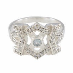Maria blue halo ring for women with silver hexagon design and small clear stones