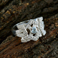 Elegant blue halo ring for women with silver geometric design and small diamonds by Maria