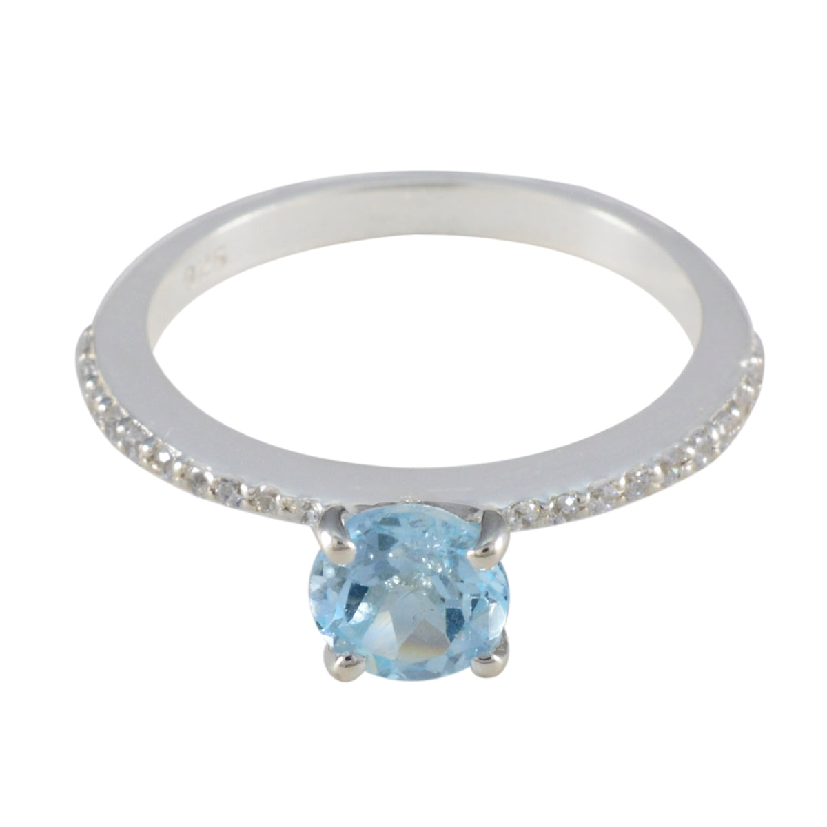 Maria silver ring with a sparkling blue halo ring center stone and small diamonds on the band