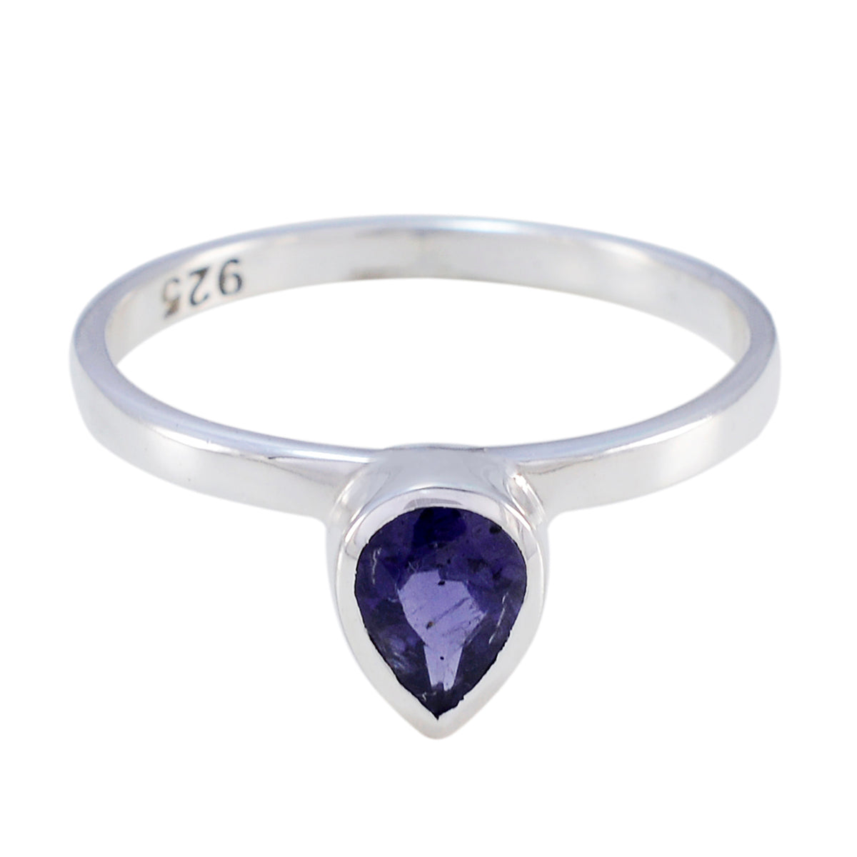 Mei blue solitaire gemstone ring with teardrop shaped blue stone set in sterling silver band