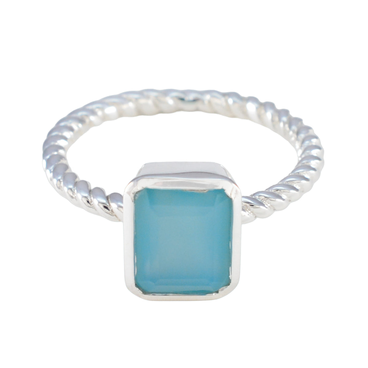 Dewi Blue Solitaire Ring with Twisted Silver Band Blue Chalcedony Blue
