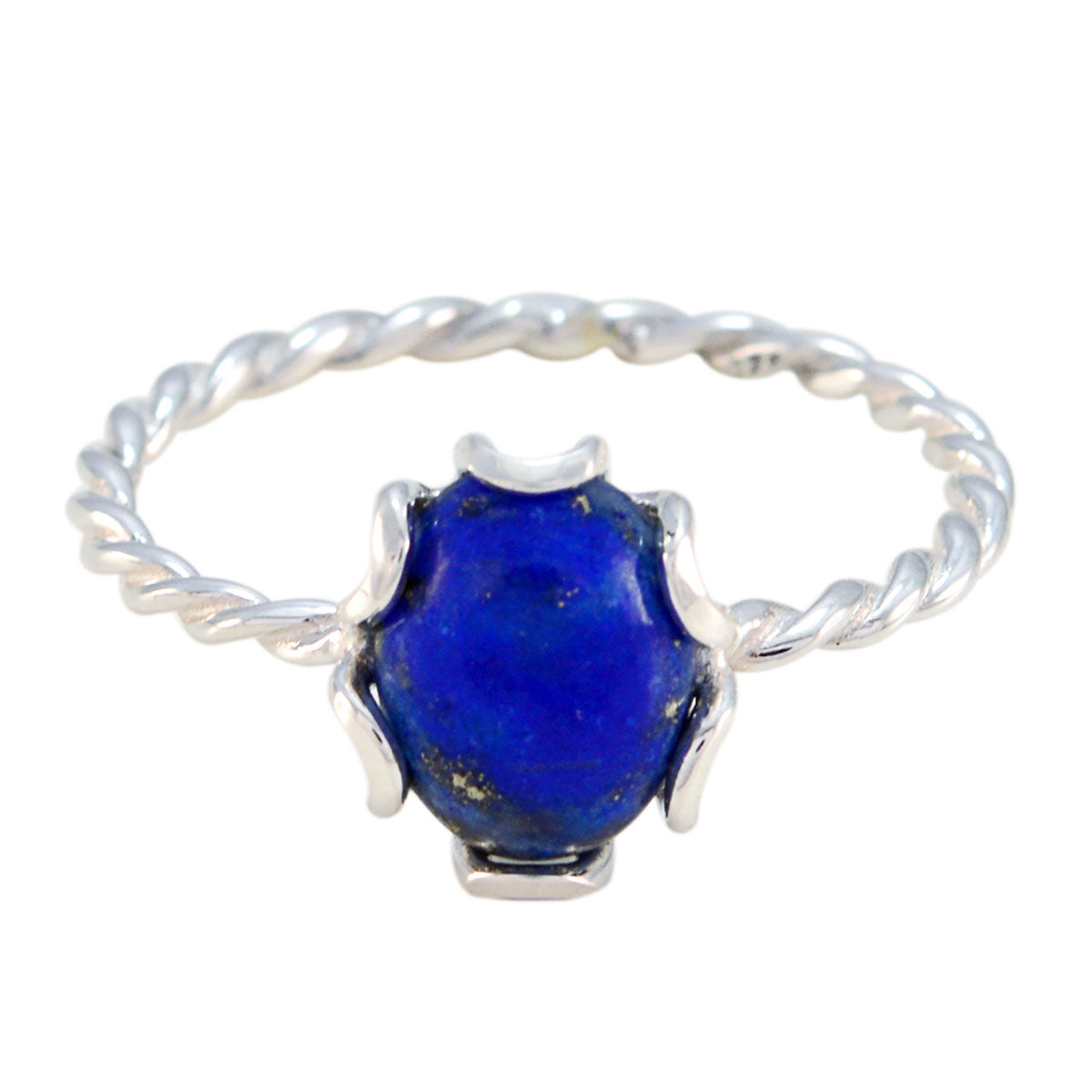 Riya blue solitaire twist ring with a deep blue oval stone and twisted silver band