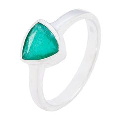 Yasmine boho green solitaire ring with a triangular green stone set in a silver band